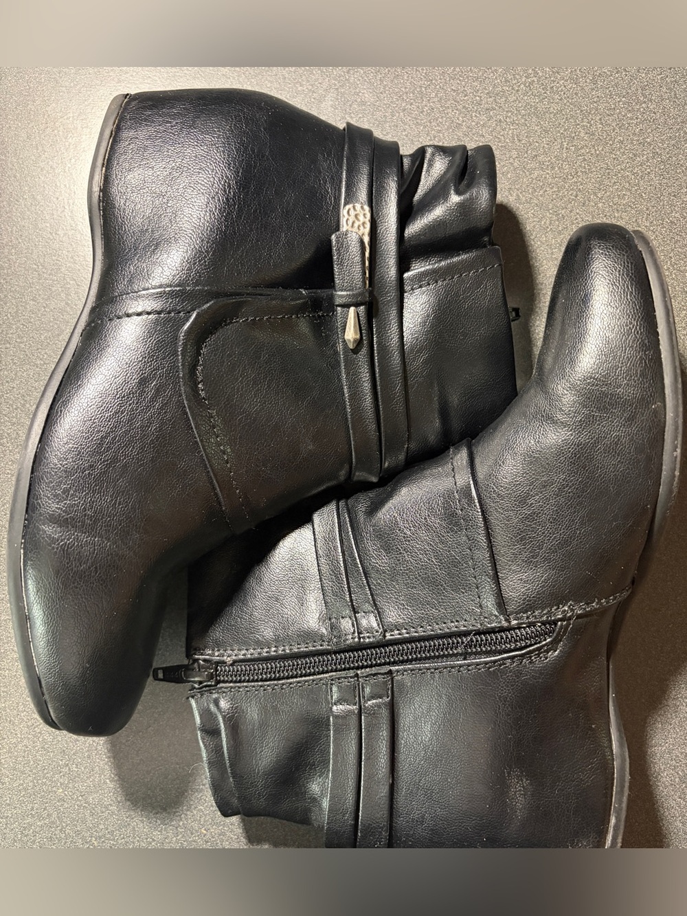 Yuu Black Leather Ankle Boots with Side Zip and Wrap Strap
